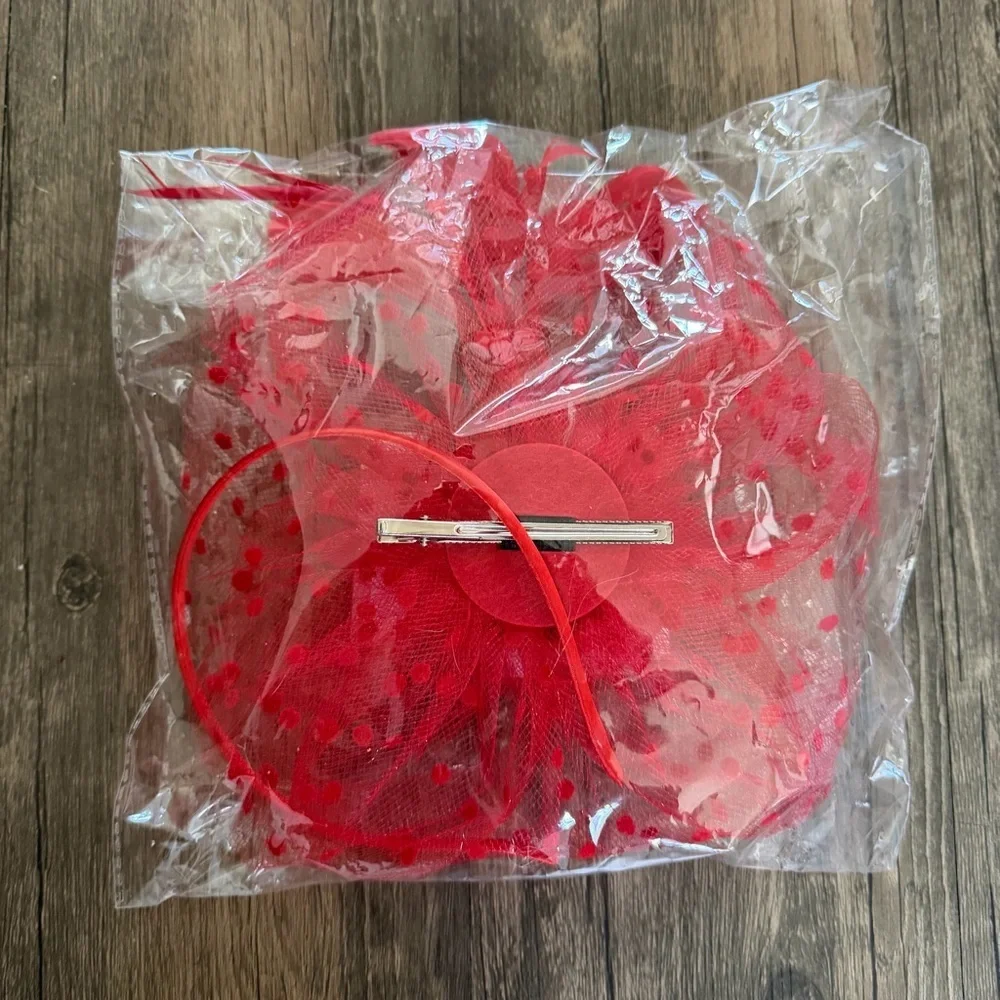 Red Headpiece Headband Hat Beret Flower Mesh Feather Detail Festive Accessories